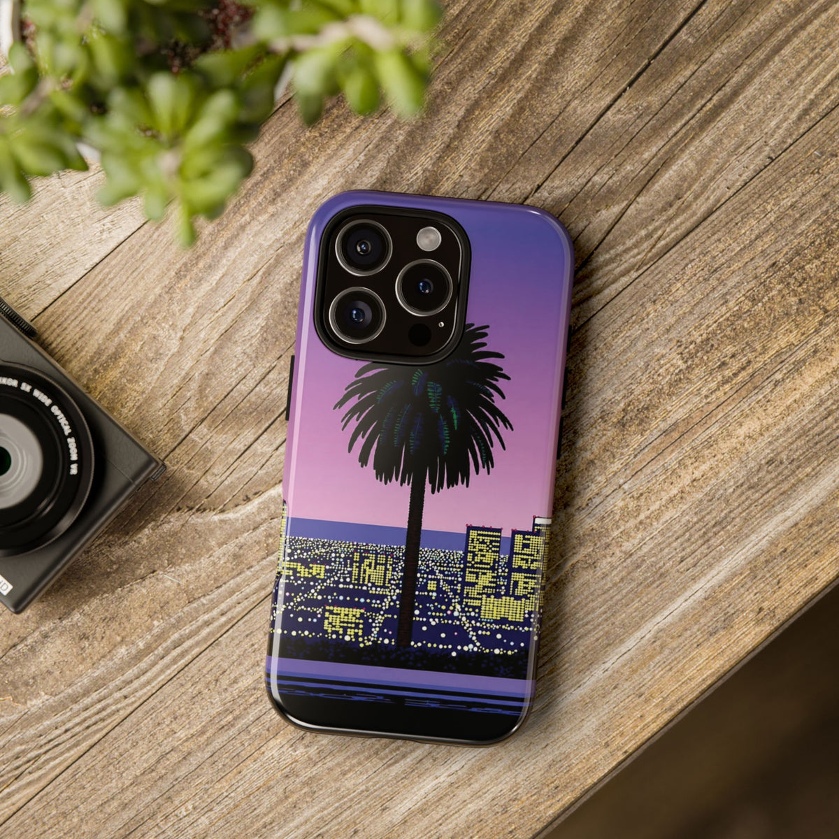 Retro City Night Phone Case — Palm Tree Purple Pixel Skyline