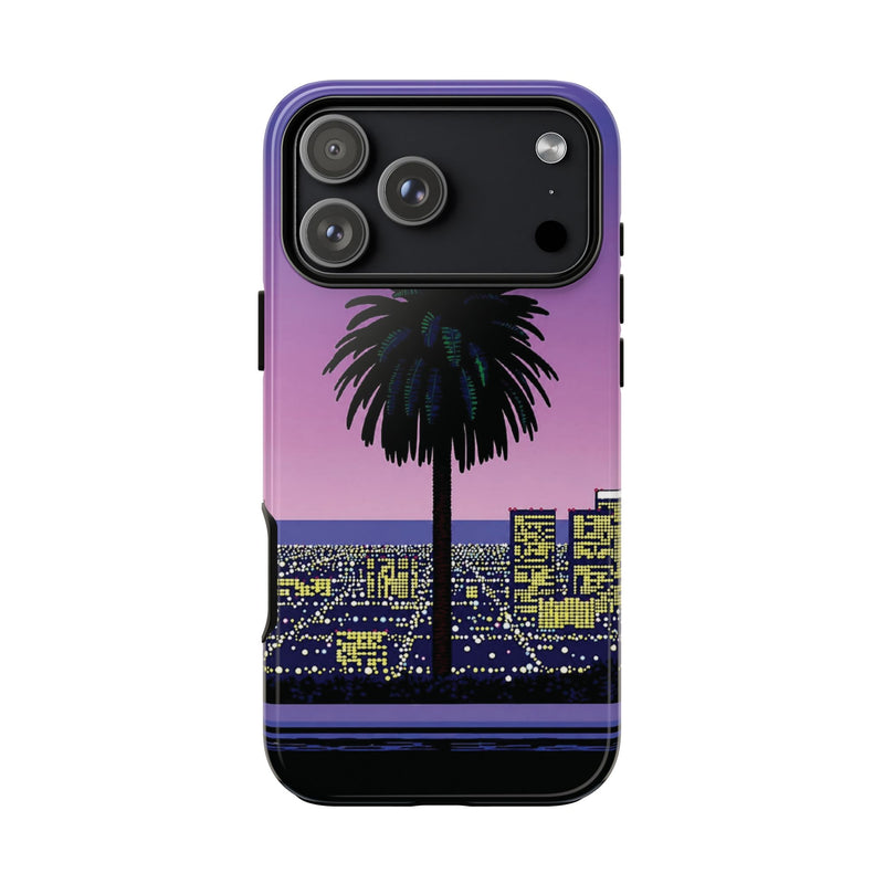 Retro City Night Phone Case — Palm Tree Purple Pixel Skyline