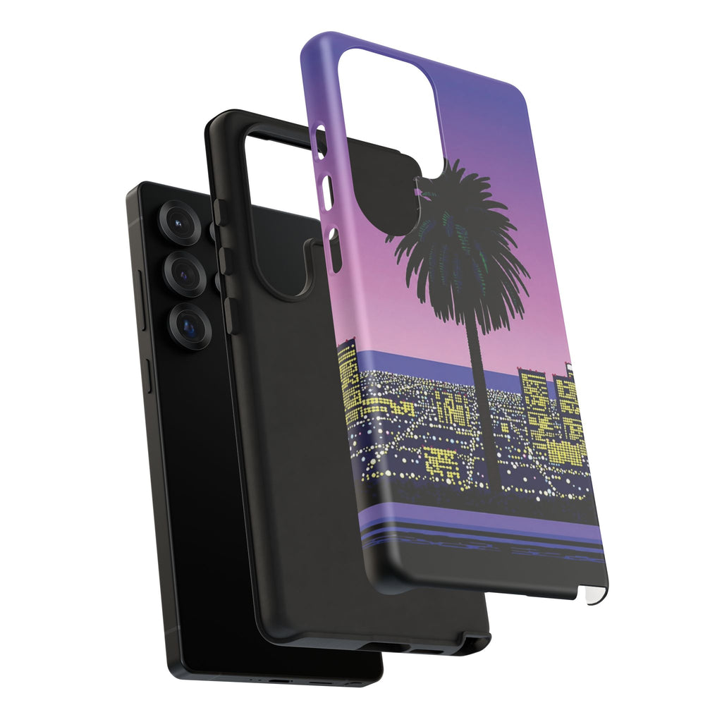 Retro City Night Phone Case — Palm Tree Purple Pixel Skyline