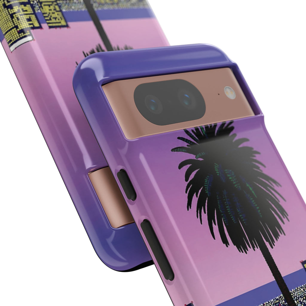 Retro City Night Phone Case — Palm Tree Purple Pixel Skyline