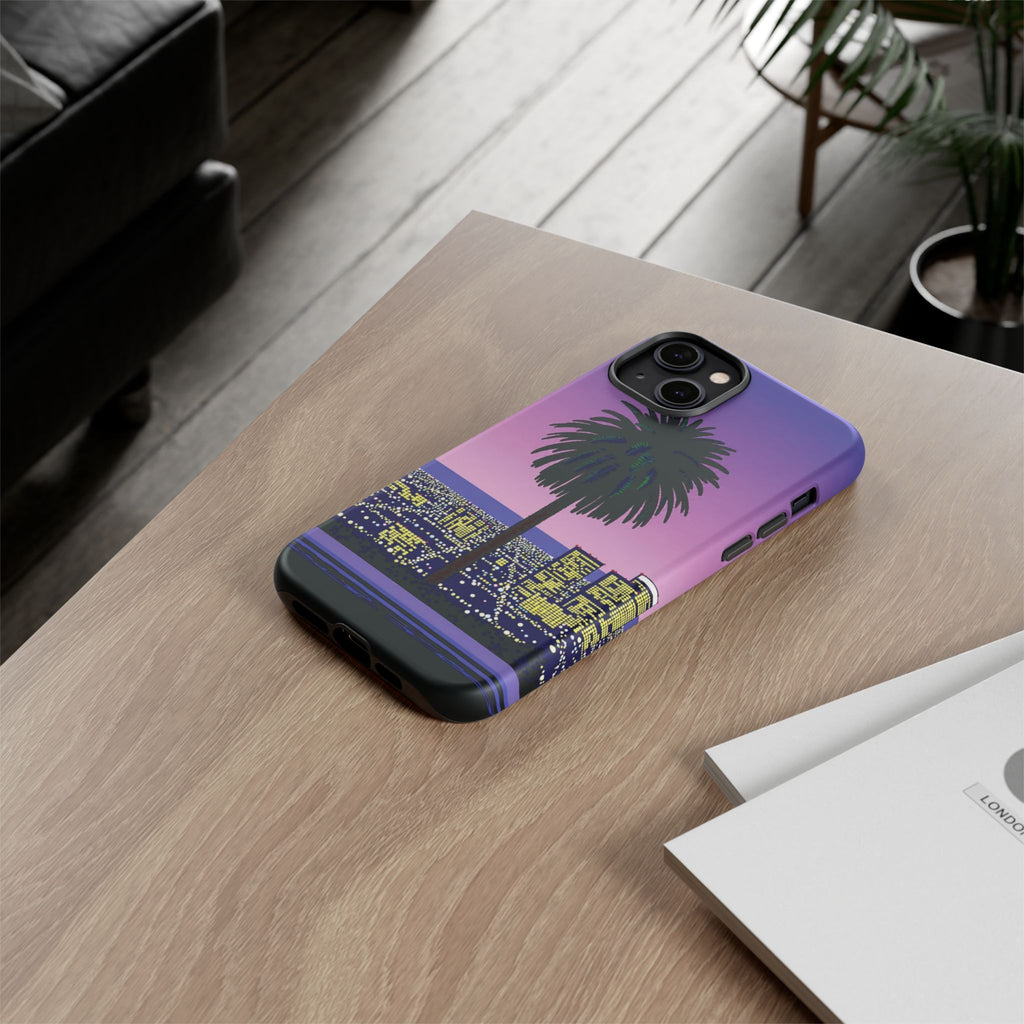 Retro City Night Phone Case — Palm Tree Purple Pixel Skyline