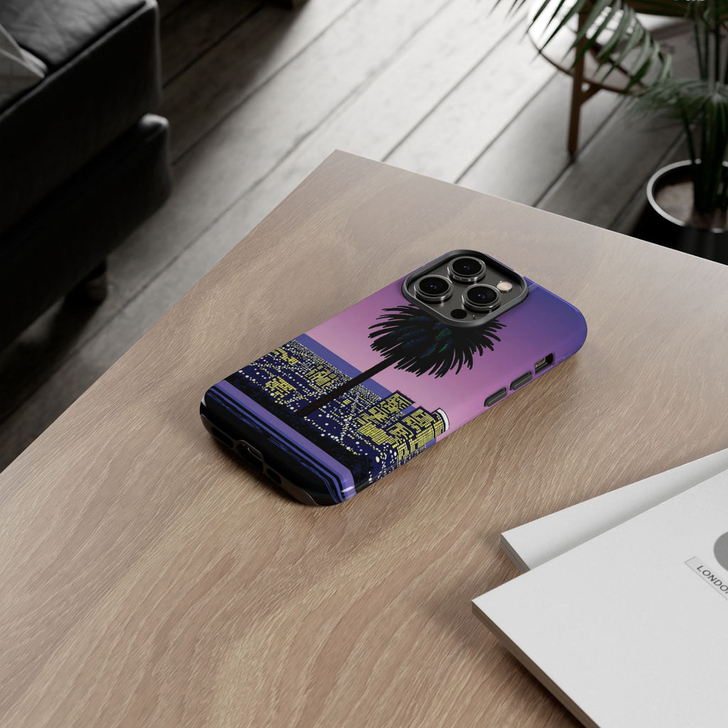 Retro City Night Phone Case — Palm Tree Purple Pixel Skyline