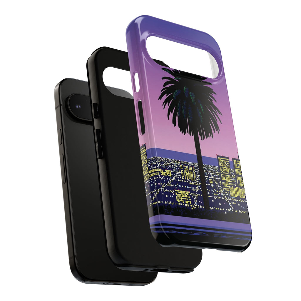 Retro City Night Phone Case — Palm Tree Purple Pixel Skyline