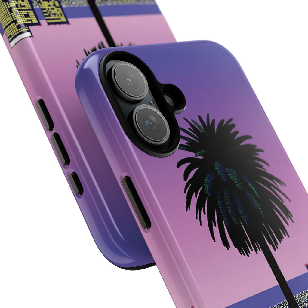 Retro City Night Phone Case — Palm Tree Purple Pixel Skyline