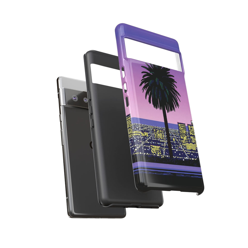 Retro City Night Phone Case — Palm Tree Purple Pixel Skyline