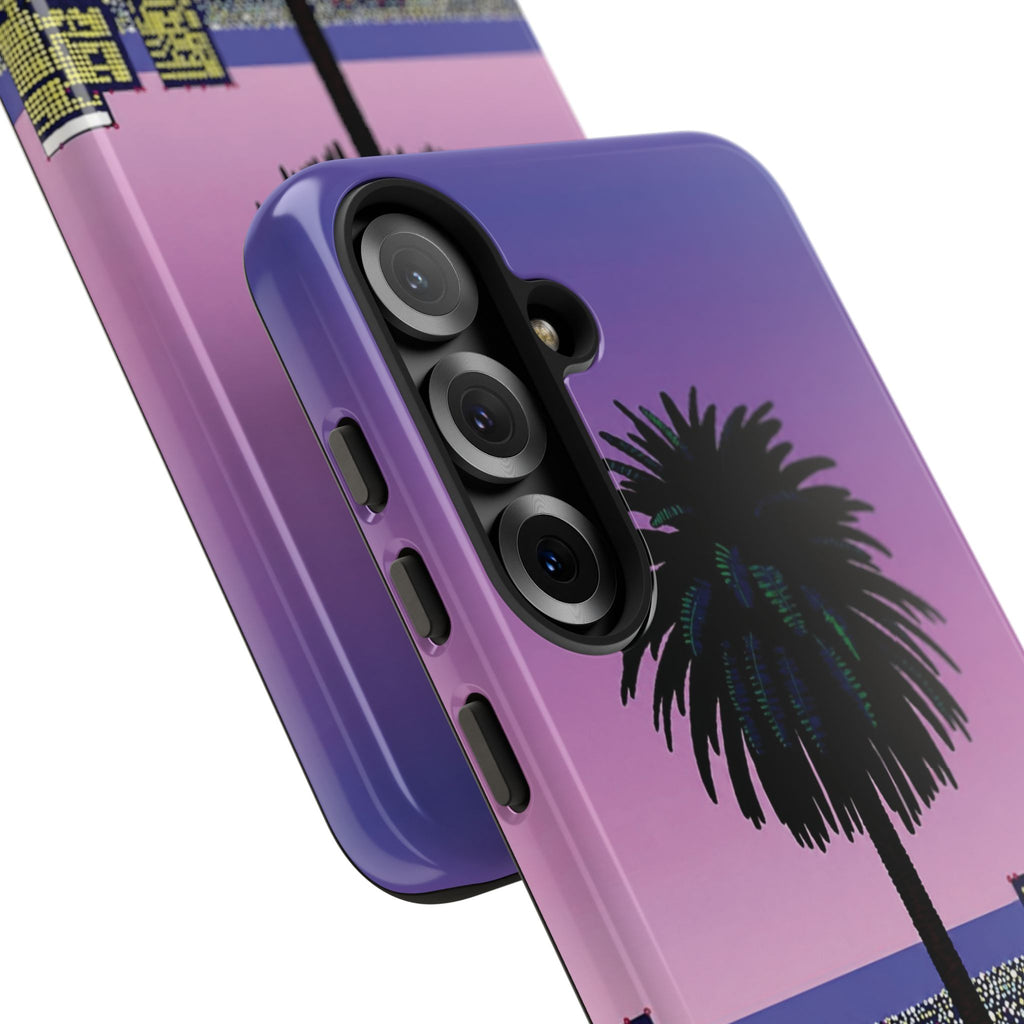 Retro City Night Phone Case — Palm Tree Purple Pixel Skyline