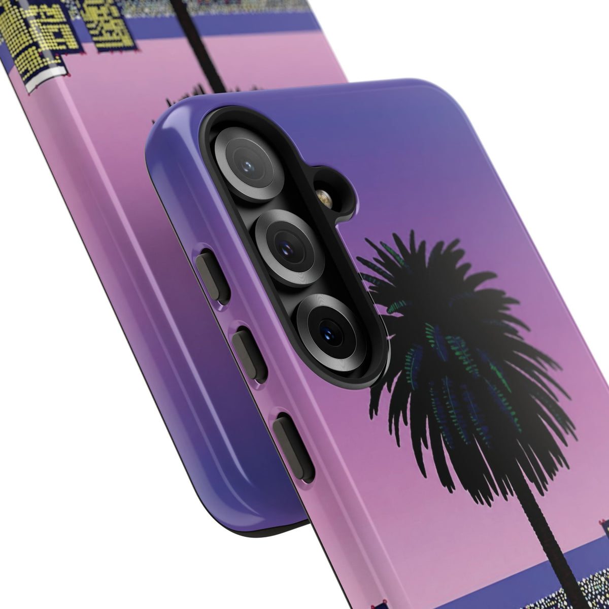 Retro City Night Phone Case — Palm Tree Purple Pixel Skyline