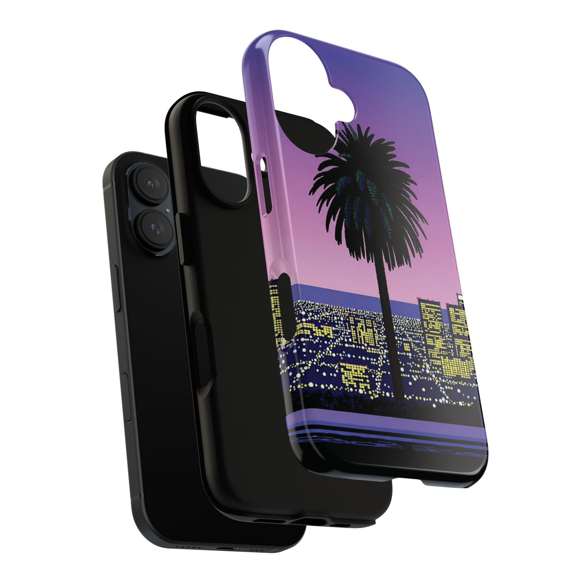 Retro City Night Phone Case — Palm Tree Purple Pixel Skyline