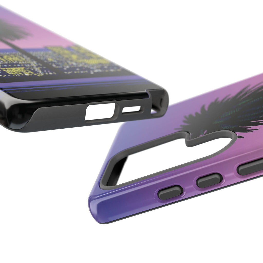 Retro City Night Phone Case — Palm Tree Purple Pixel Skyline