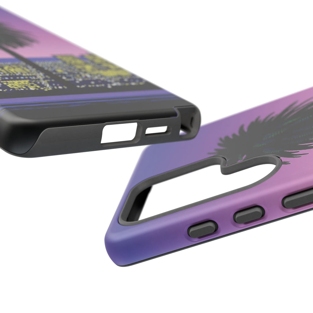 Retro City Night Phone Case — Palm Tree Purple Pixel Skyline