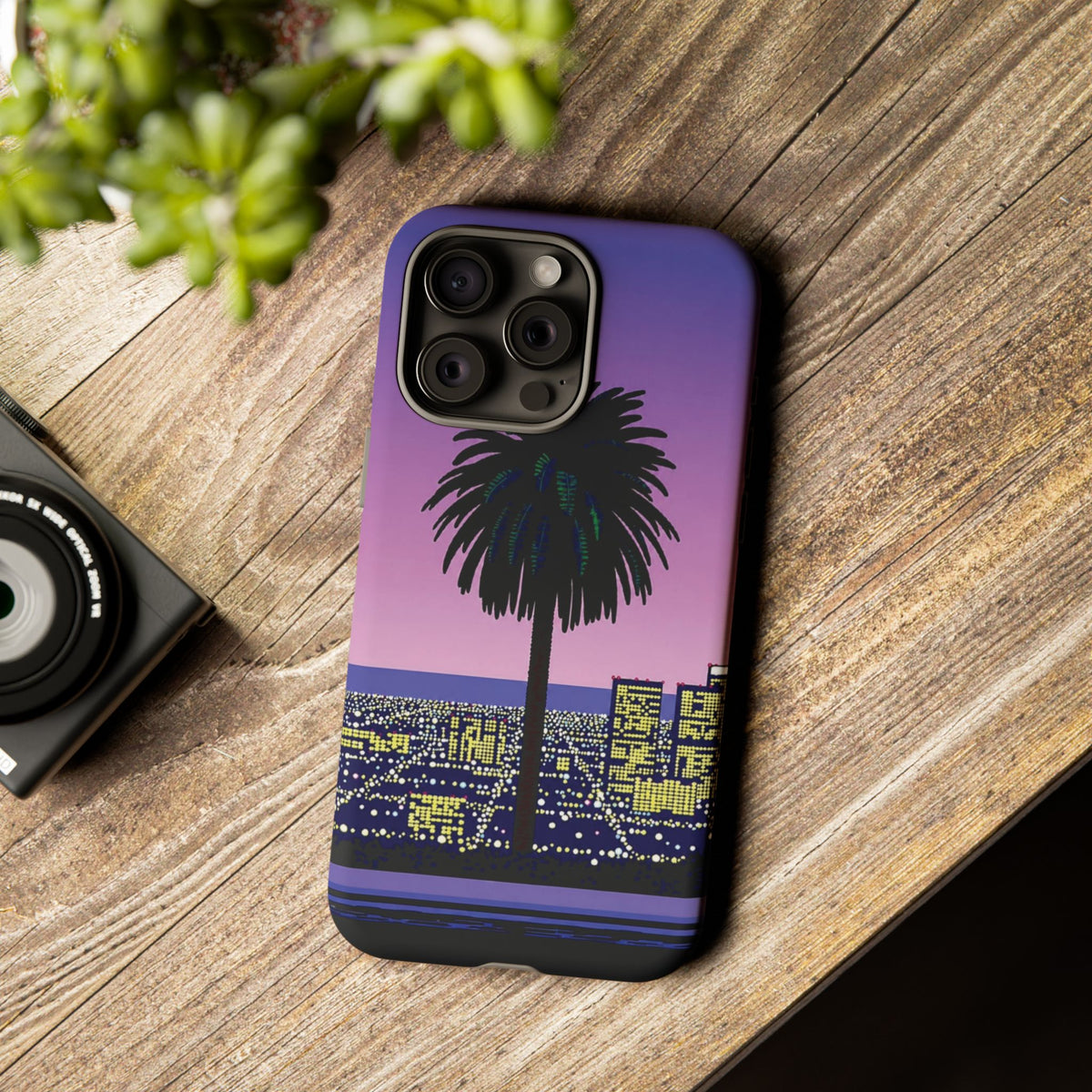 Retro City Night Phone Case — Palm Tree Purple Pixel Skyline