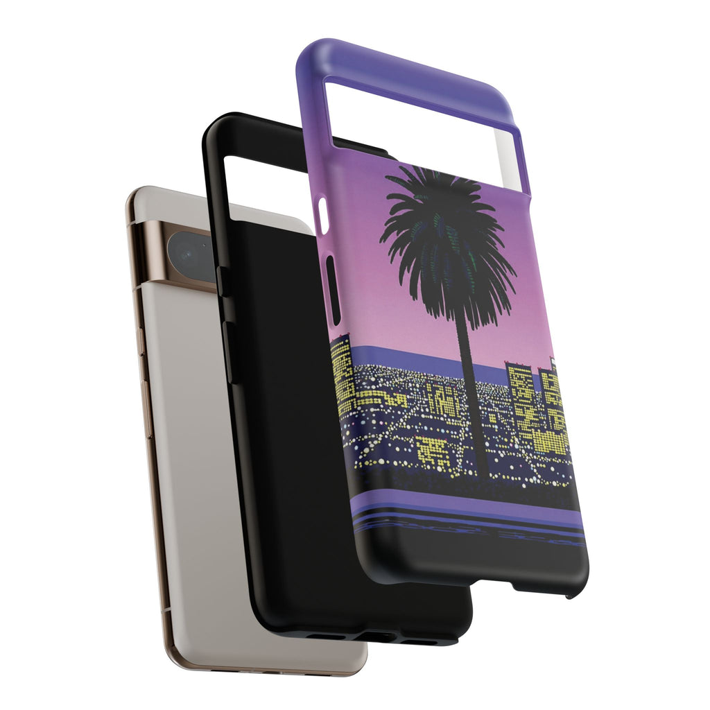 Retro City Night Phone Case — Palm Tree Purple Pixel Skyline