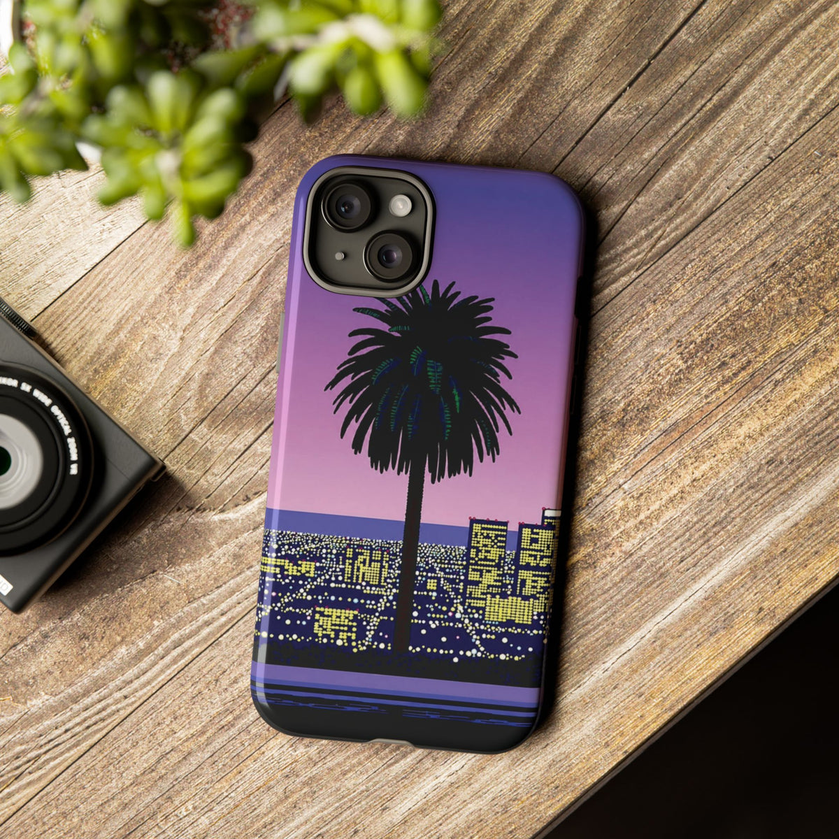 Retro City Night Phone Case — Palm Tree Purple Pixel Skyline