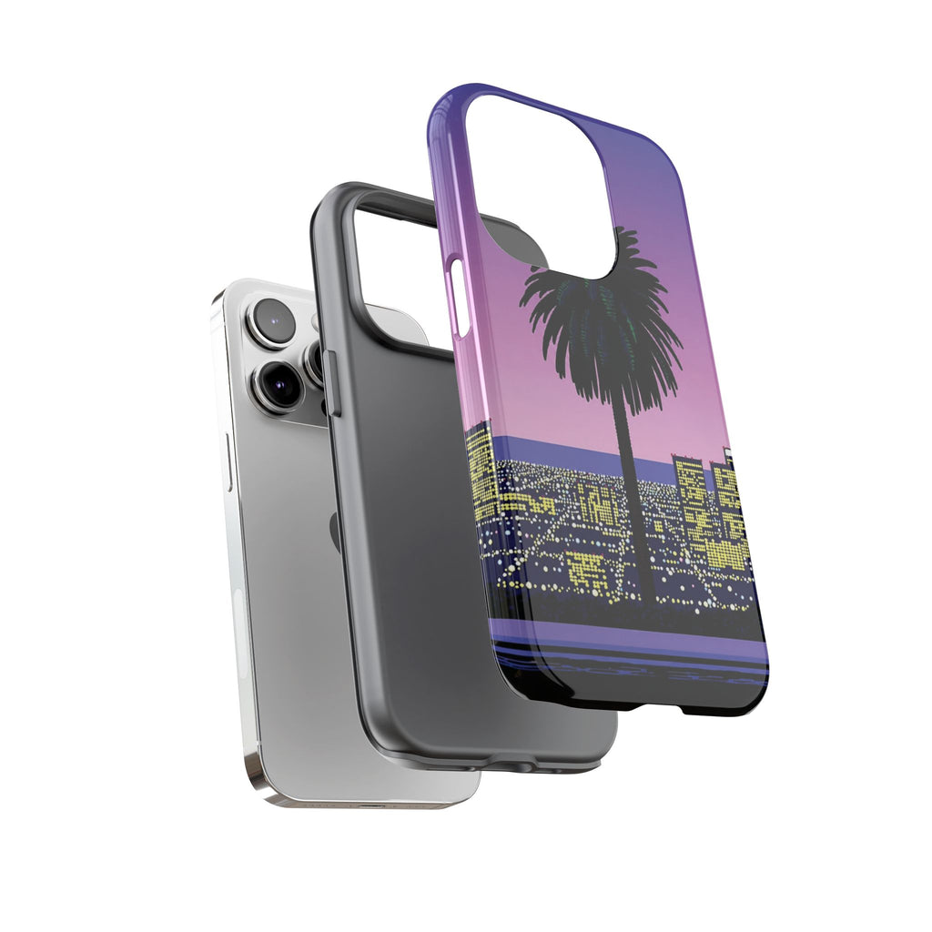 Retro City Night Phone Case — Palm Tree Purple Pixel Skyline
