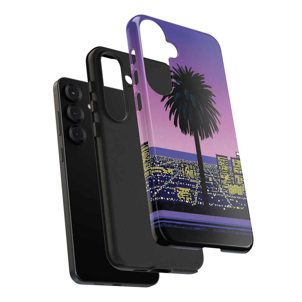 Retro City Night Phone Case — Palm Tree Purple Pixel Skyline