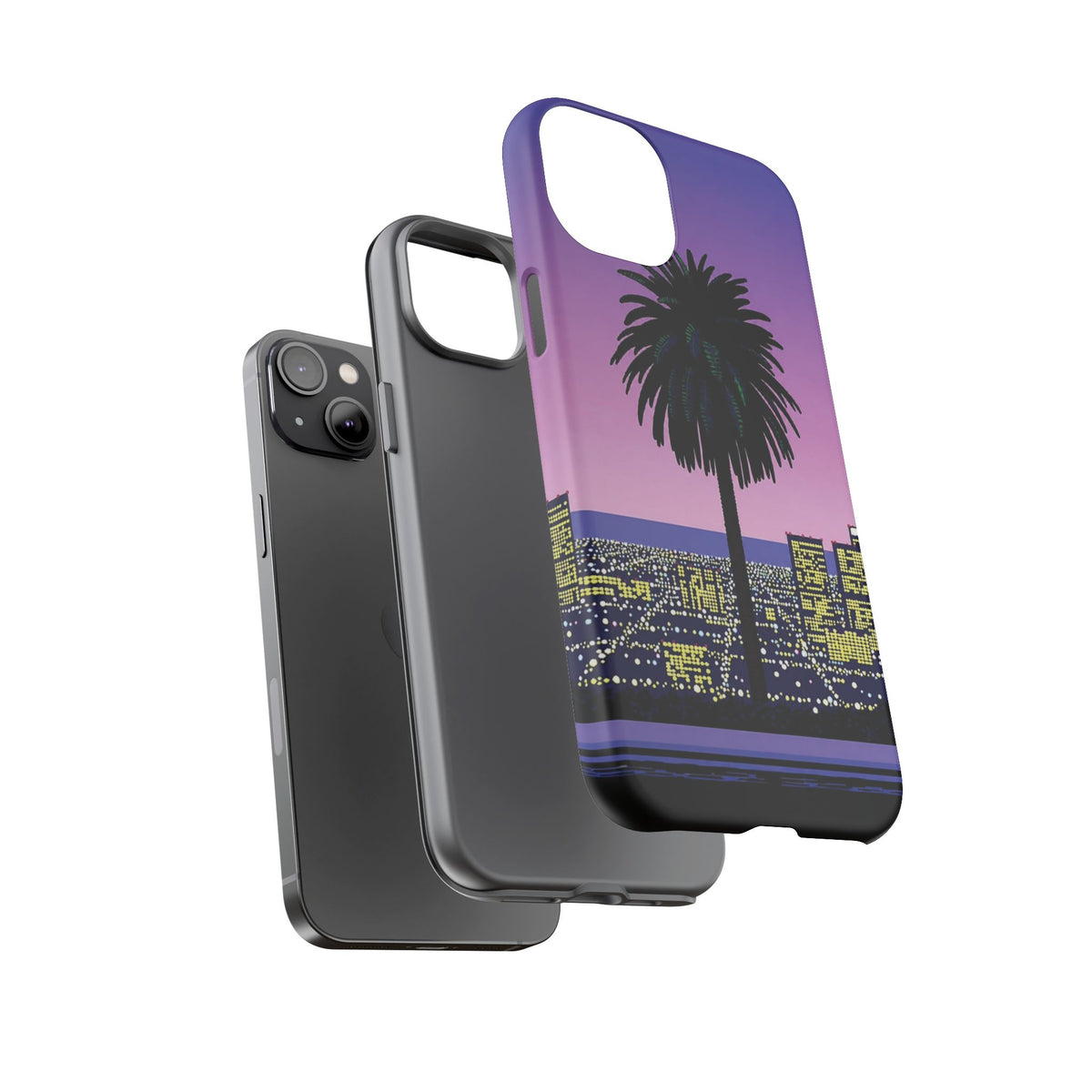 Retro City Night Phone Case — Palm Tree Purple Pixel Skyline