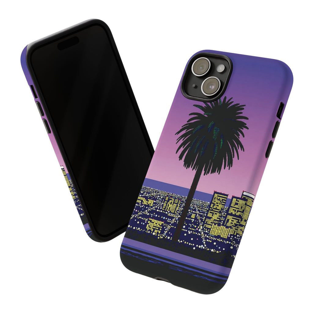 Retro City Night Phone Case — Palm Tree Purple Pixel Skyline