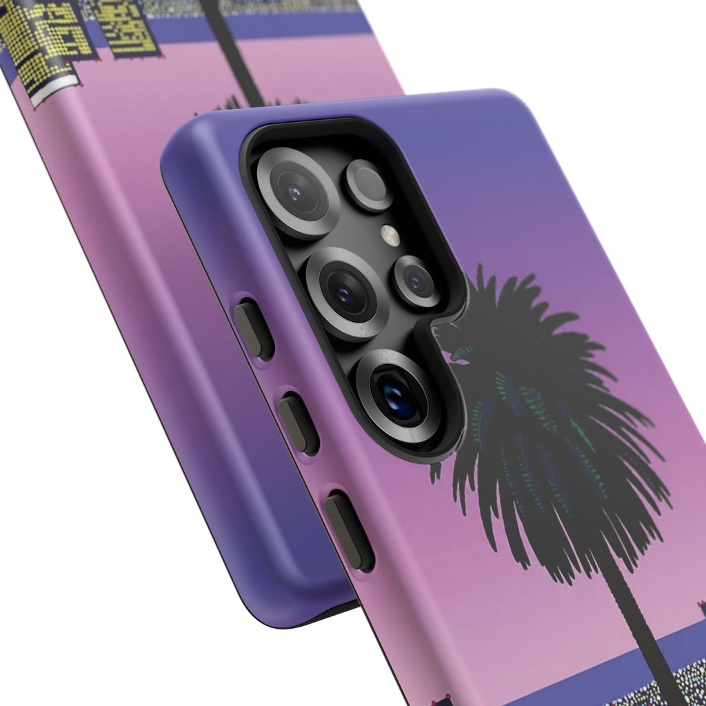 Retro City Night Phone Case — Palm Tree Purple Pixel Skyline