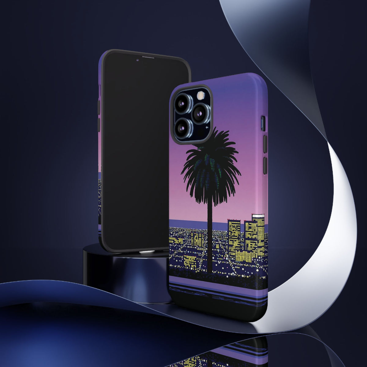 Retro City Night Phone Case — Palm Tree Purple Pixel Skyline