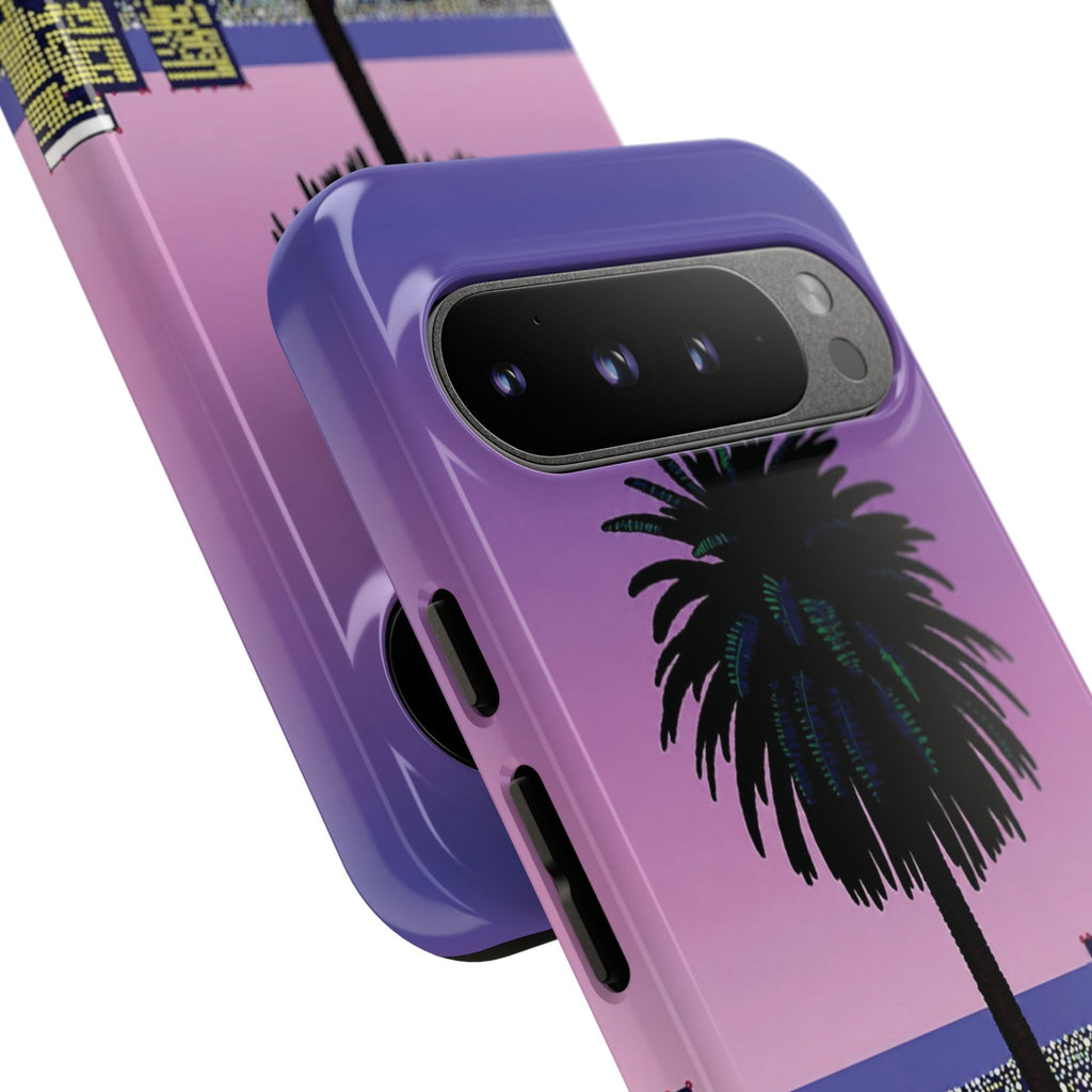 Retro City Night Phone Case — Palm Tree Purple Pixel Skyline