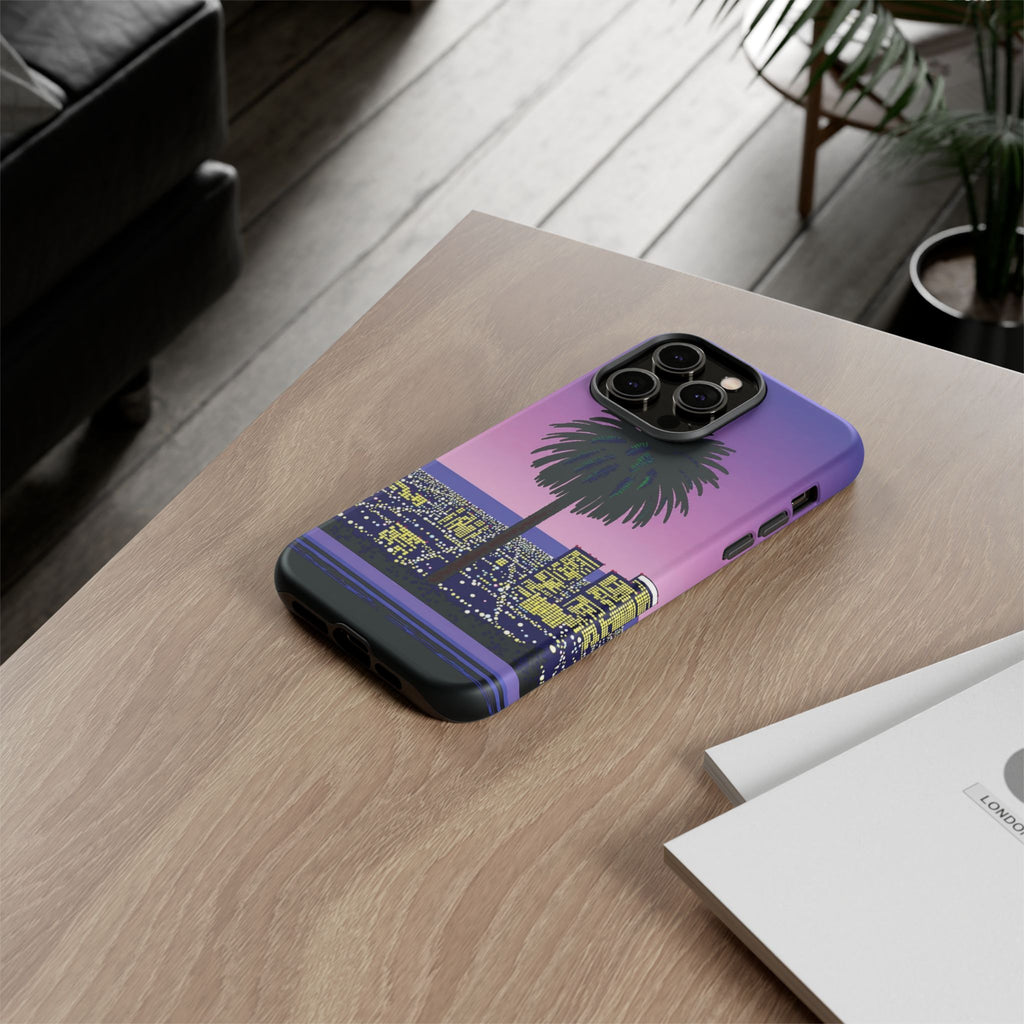 Retro City Night Phone Case — Palm Tree Purple Pixel Skyline