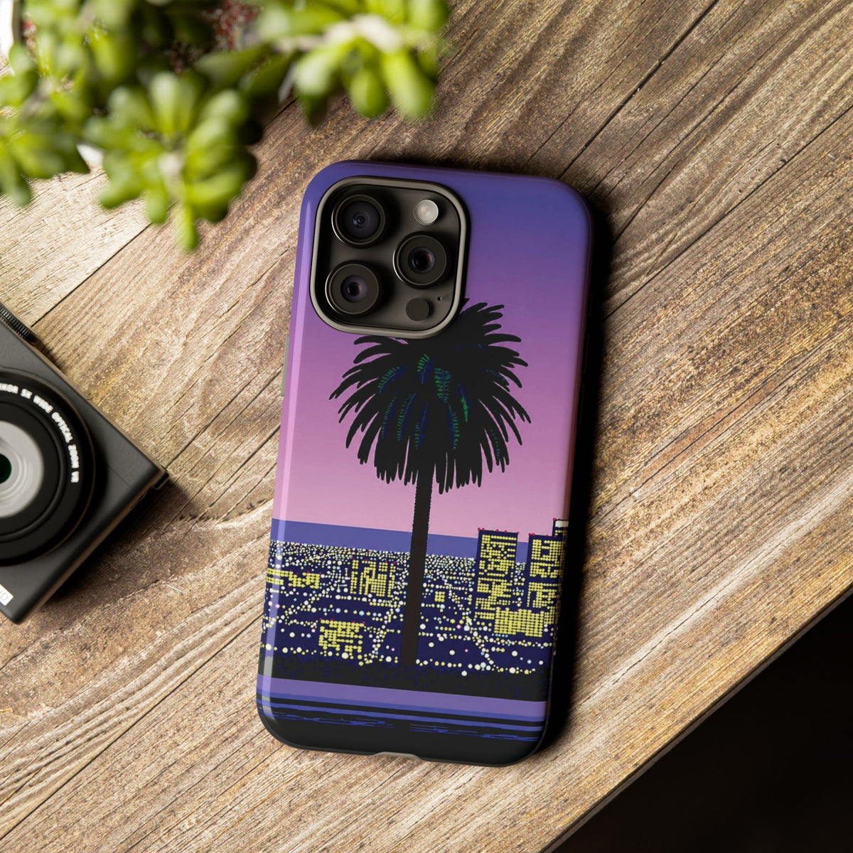 Retro City Night Phone Case — Palm Tree Purple Pixel Skyline