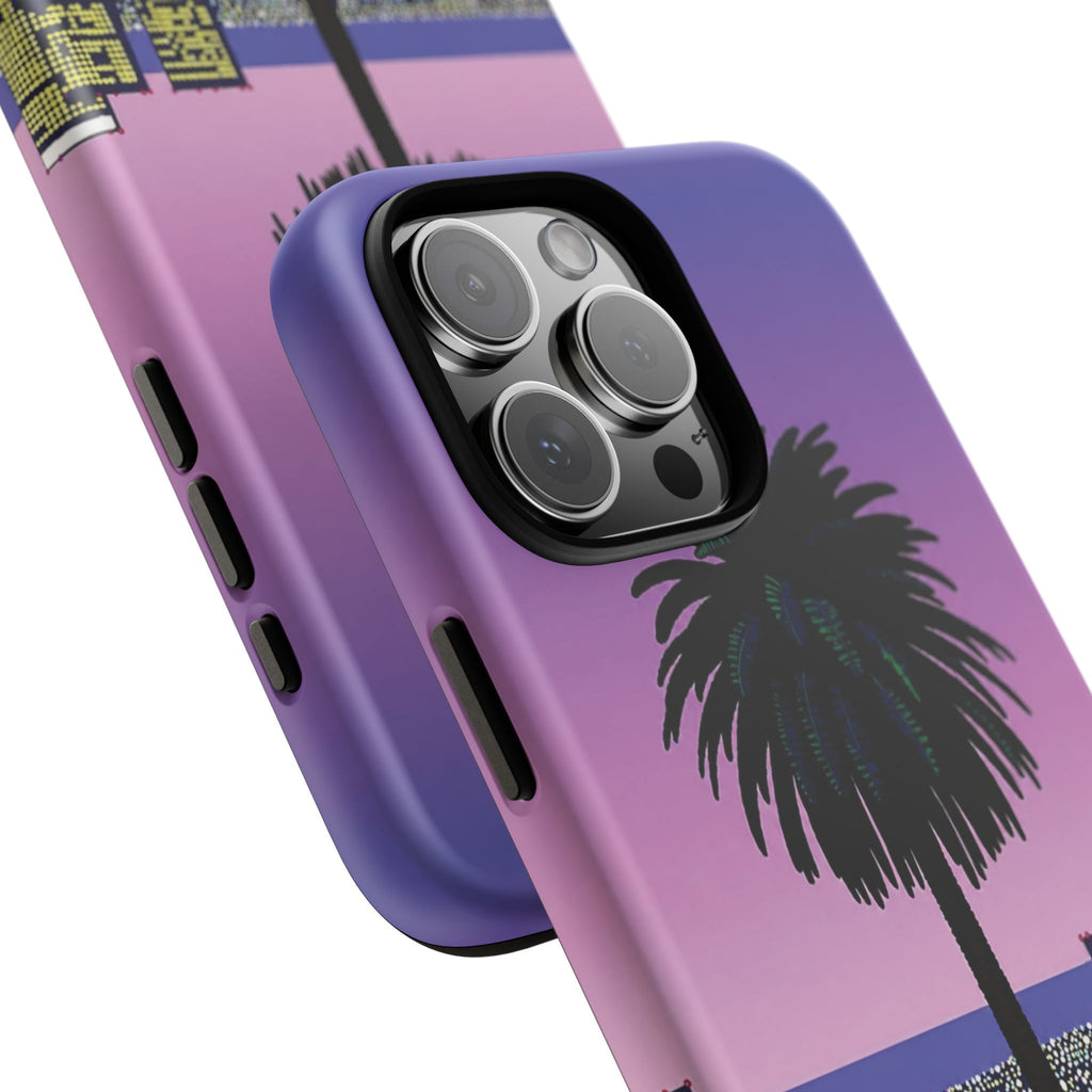 Retro City Night Phone Case — Palm Tree Purple Pixel Skyline