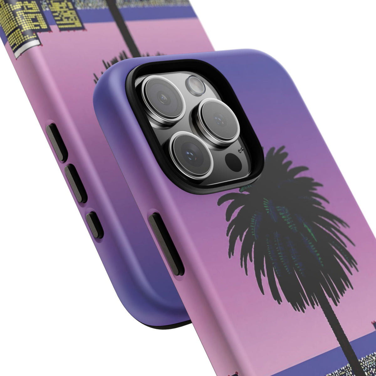 Retro City Night Phone Case — Palm Tree Purple Pixel Skyline