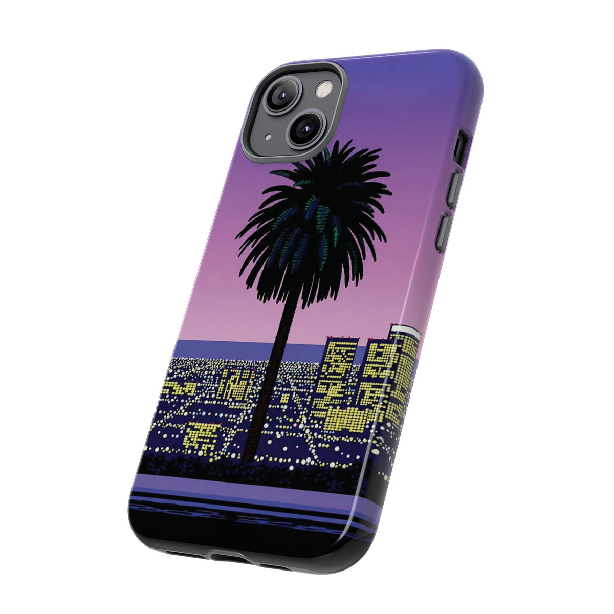 Retro City Night Phone Case — Palm Tree Purple Pixel Skyline