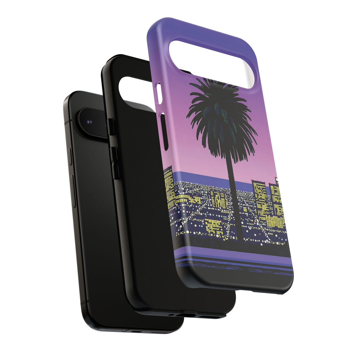 Retro City Night Phone Case — Palm Tree Purple Pixel Skyline