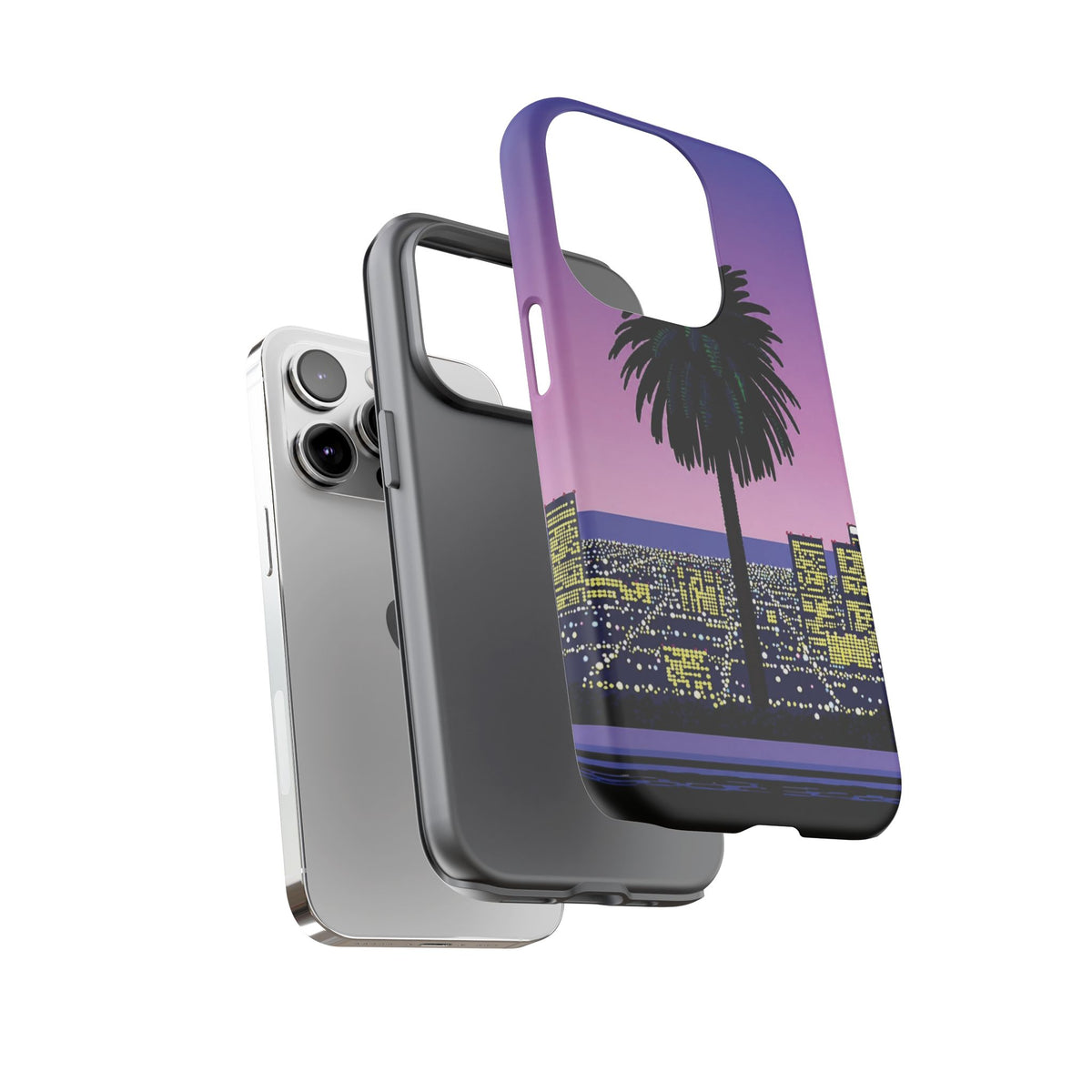Retro City Night Phone Case — Palm Tree Purple Pixel Skyline