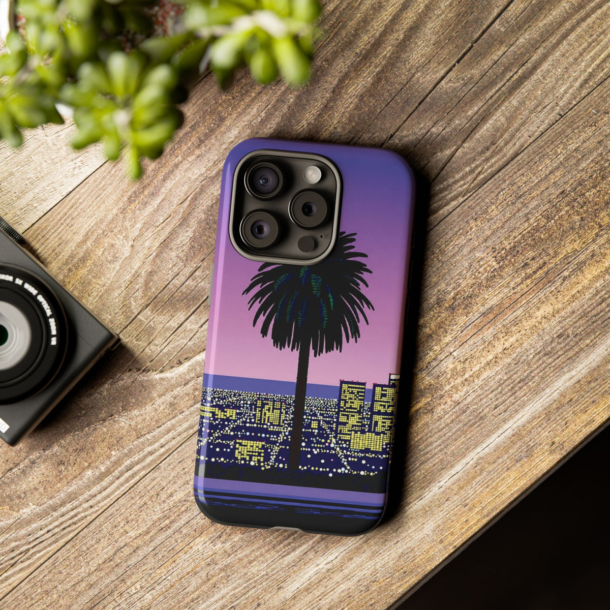 Retro City Night Phone Case — Palm Tree Purple Pixel Skyline