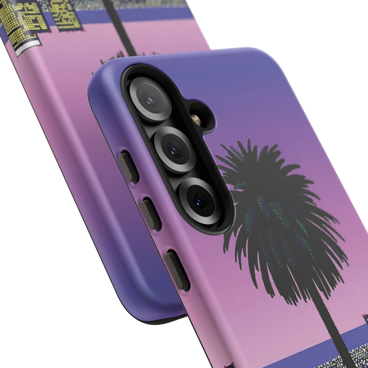 Retro City Night Phone Case — Palm Tree Purple Pixel Skyline