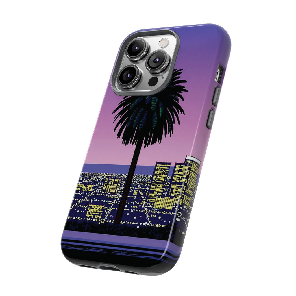 Retro City Night Phone Case — Palm Tree Purple Pixel Skyline