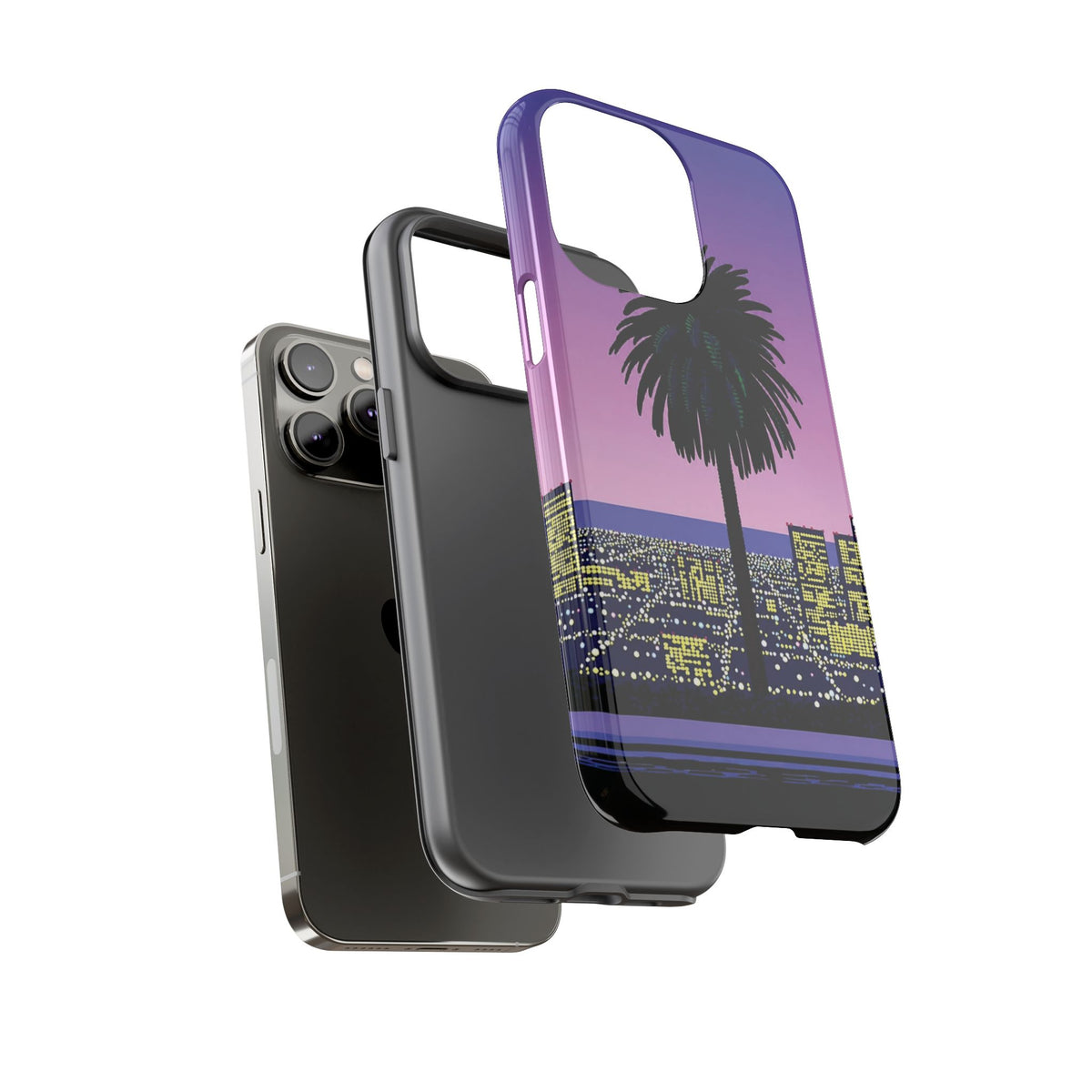 Retro City Night Phone Case — Palm Tree Purple Pixel Skyline