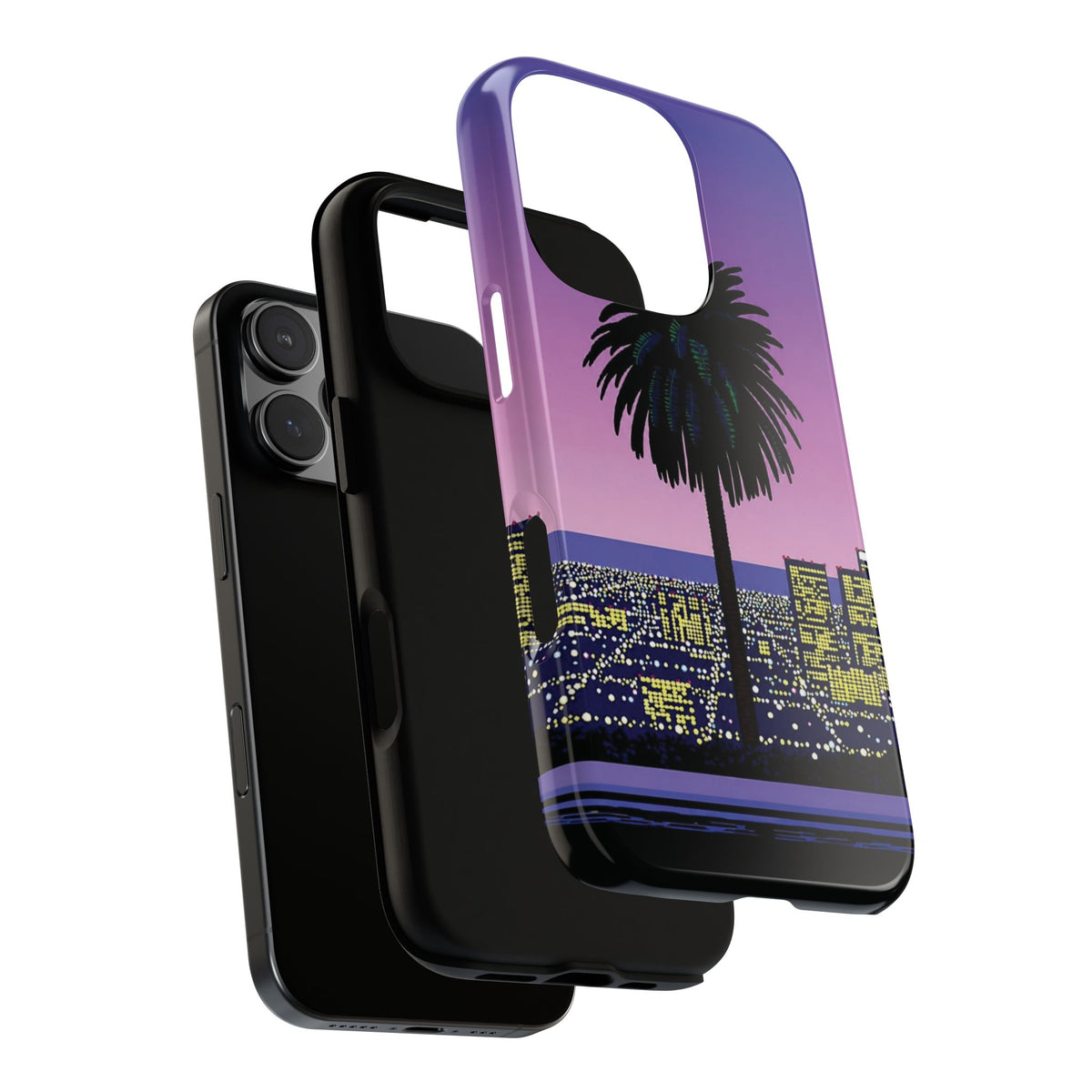 Retro City Night Phone Case — Palm Tree Purple Pixel Skyline
