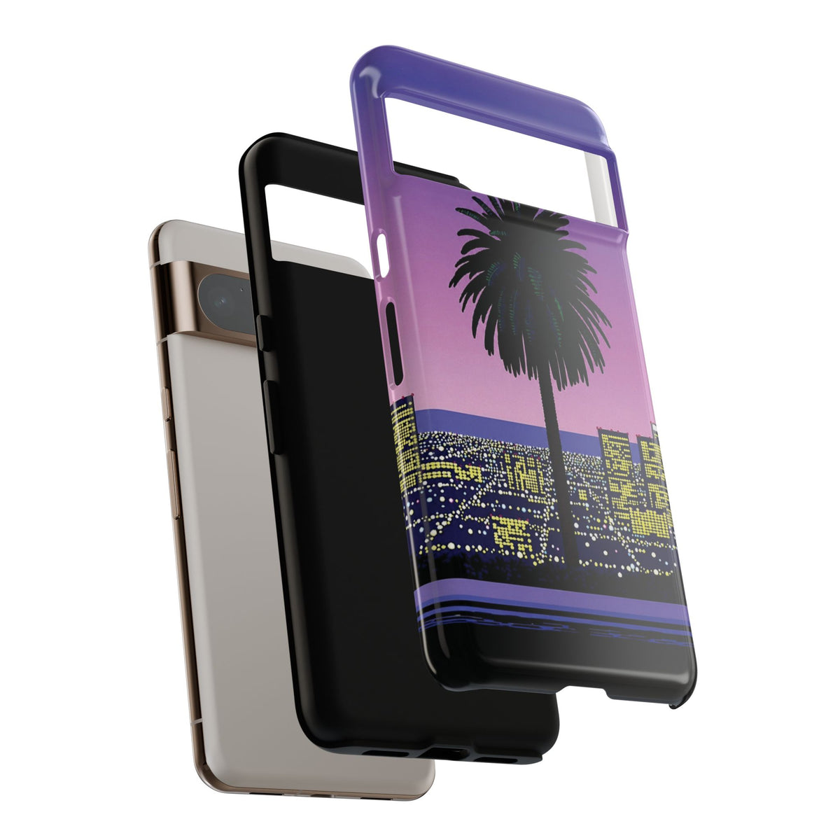 Retro City Night Phone Case — Palm Tree Purple Pixel Skyline