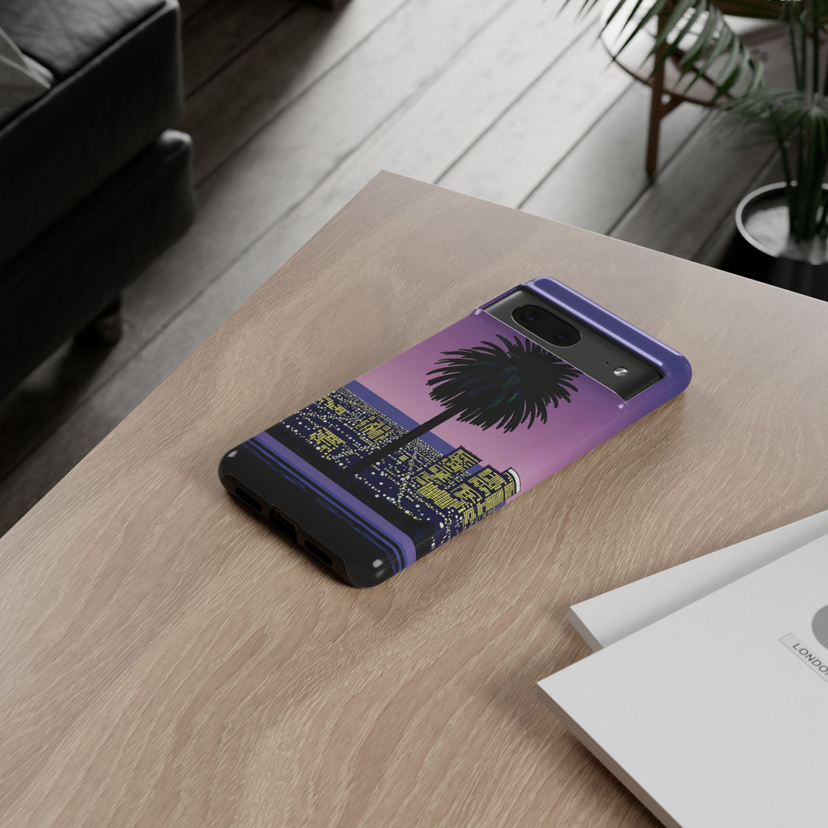 Retro City Night Phone Case — Palm Tree Purple Pixel Skyline