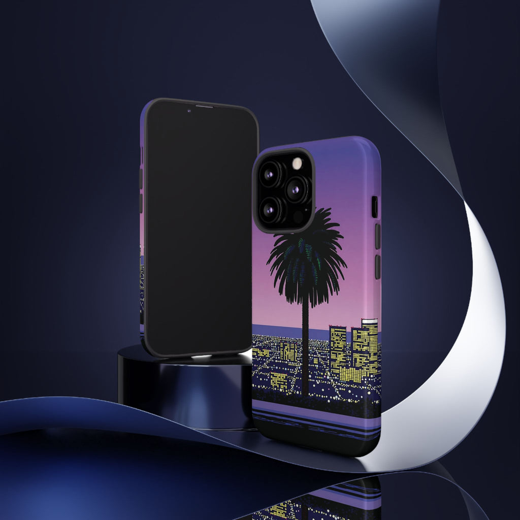 Retro City Night Phone Case — Palm Tree Purple Pixel Skyline