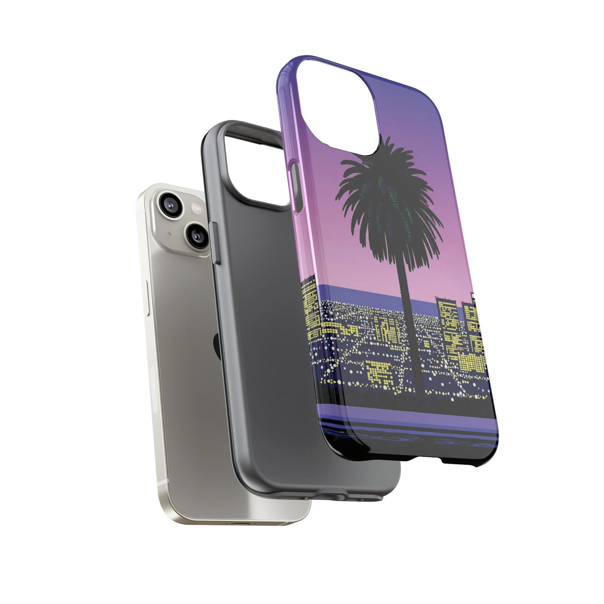Retro City Night Phone Case — Palm Tree Purple Pixel Skyline