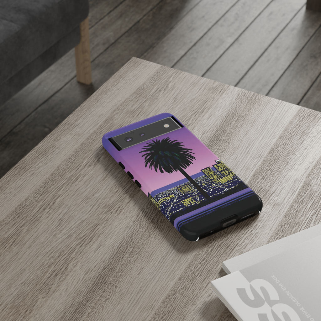 Retro City Night Phone Case — Palm Tree Purple Pixel Skyline