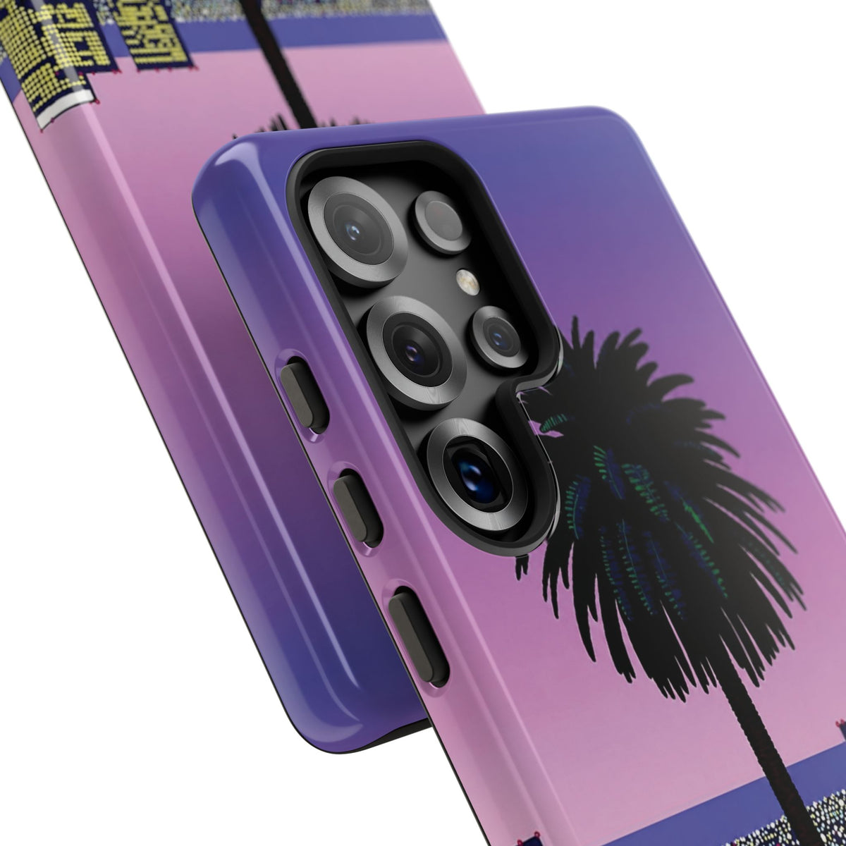 Retro City Night Phone Case — Palm Tree Purple Pixel Skyline