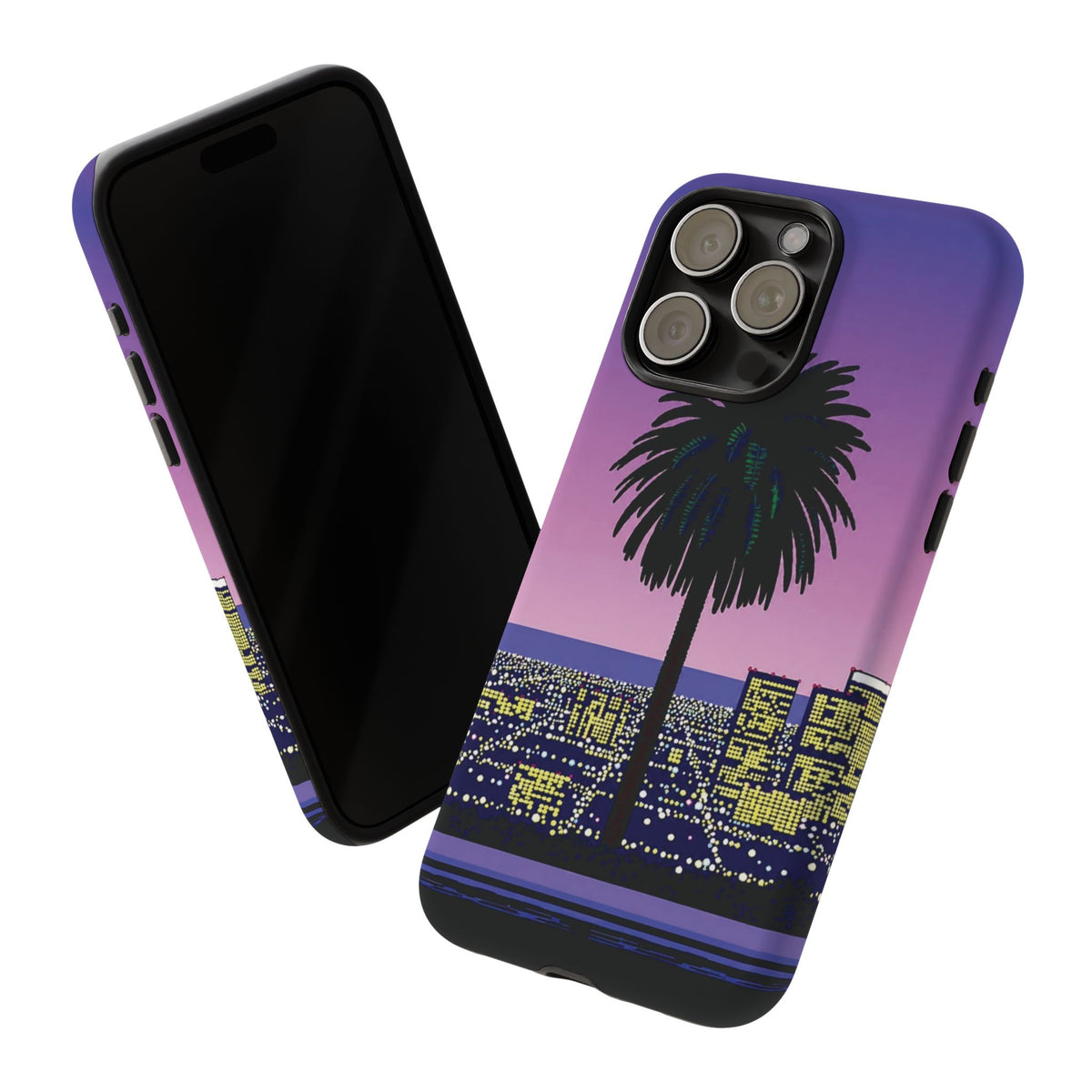 Retro City Night Phone Case — Palm Tree Purple Pixel Skyline