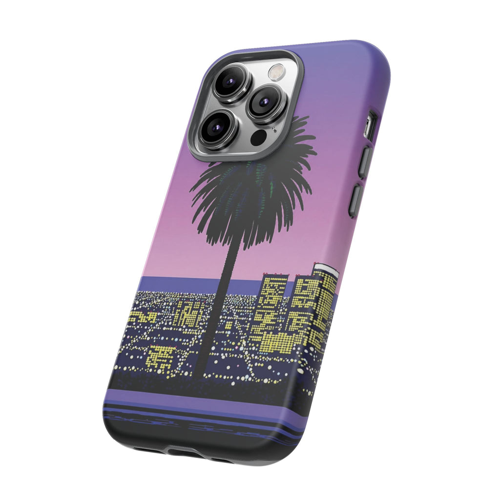 Retro City Night Phone Case — Palm Tree Purple Pixel Skyline
