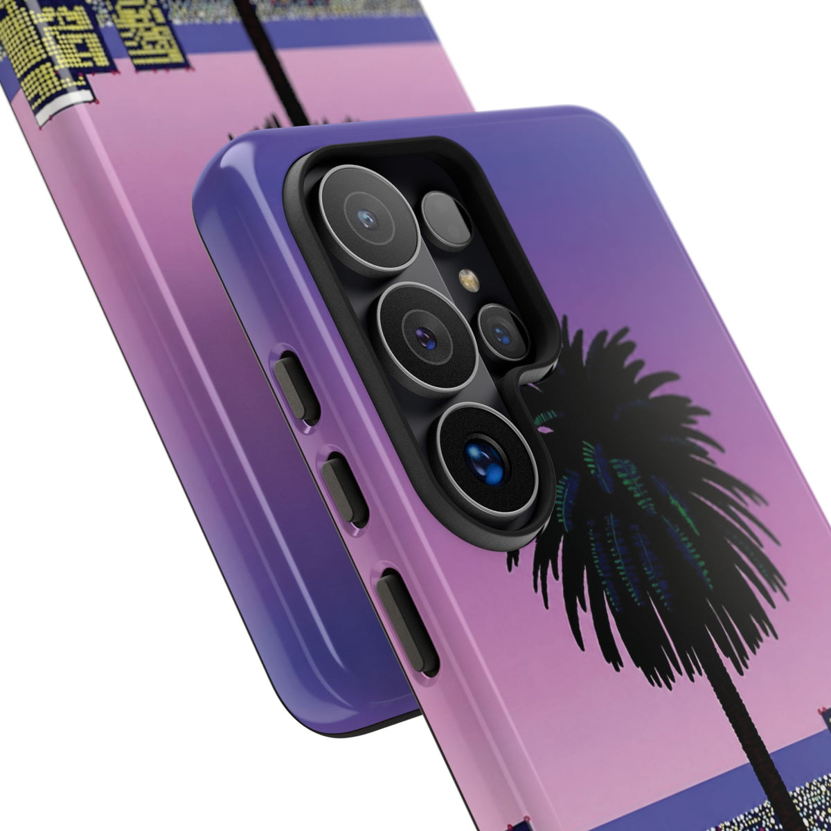 Retro City Night Phone Case — Palm Tree Purple Pixel Skyline