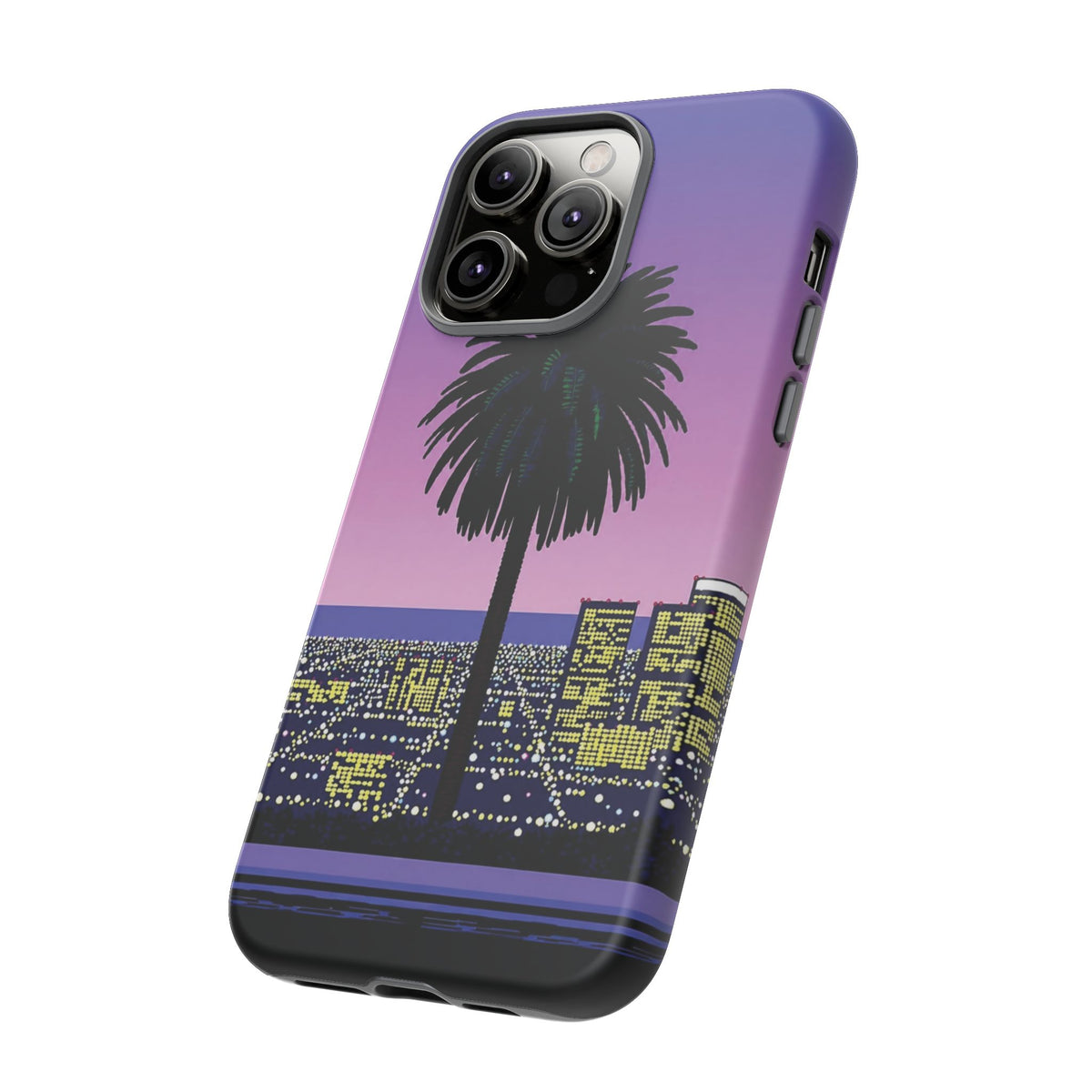 Retro City Night Phone Case — Palm Tree Purple Pixel Skyline