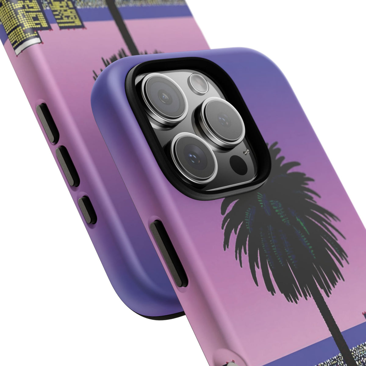 Retro City Night Phone Case — Palm Tree Purple Pixel Skyline