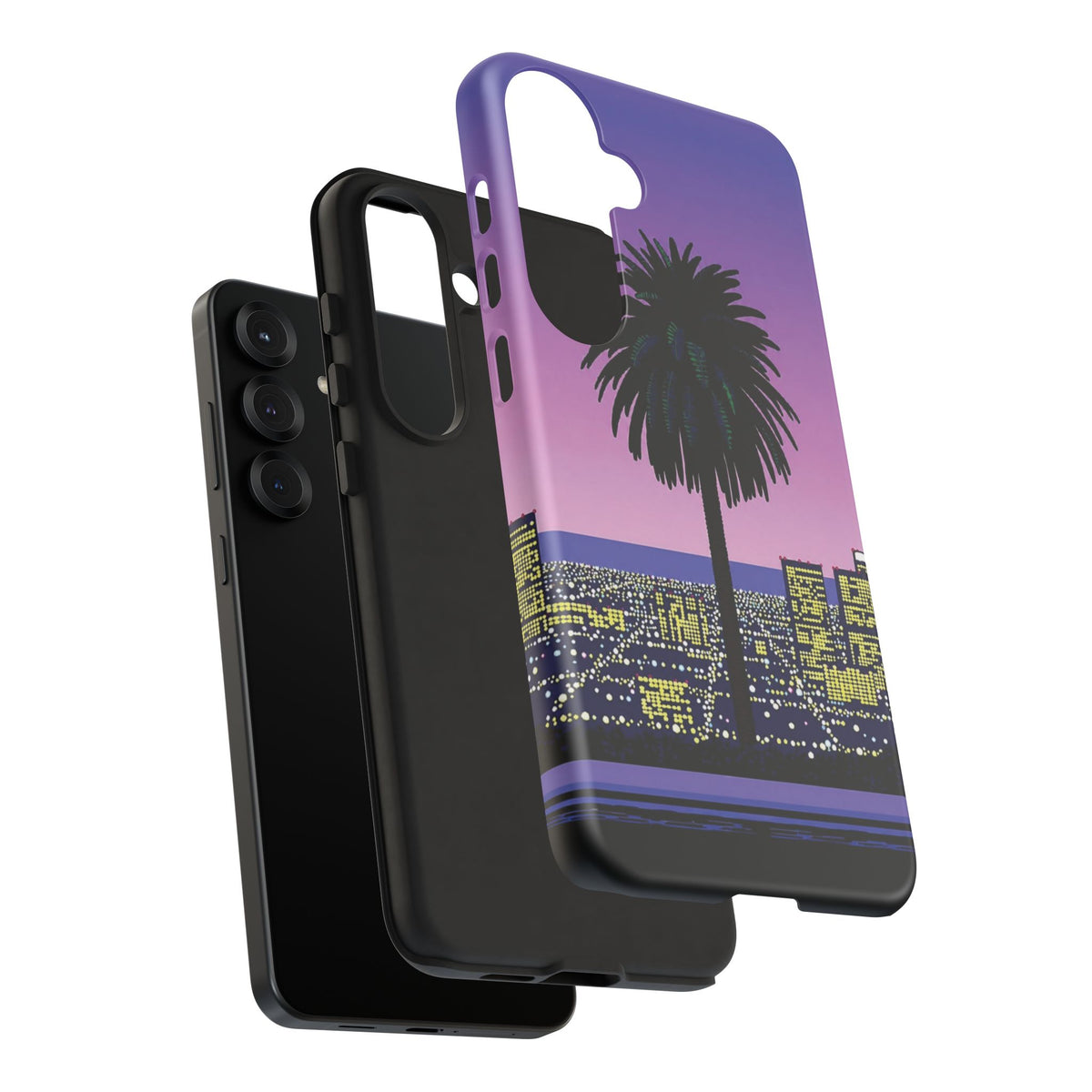 Retro City Night Phone Case — Palm Tree Purple Pixel Skyline