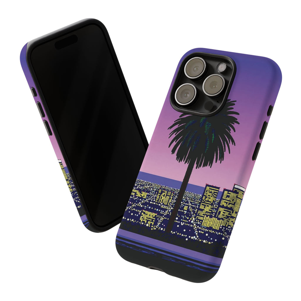 Retro City Night Phone Case — Palm Tree Purple Pixel Skyline