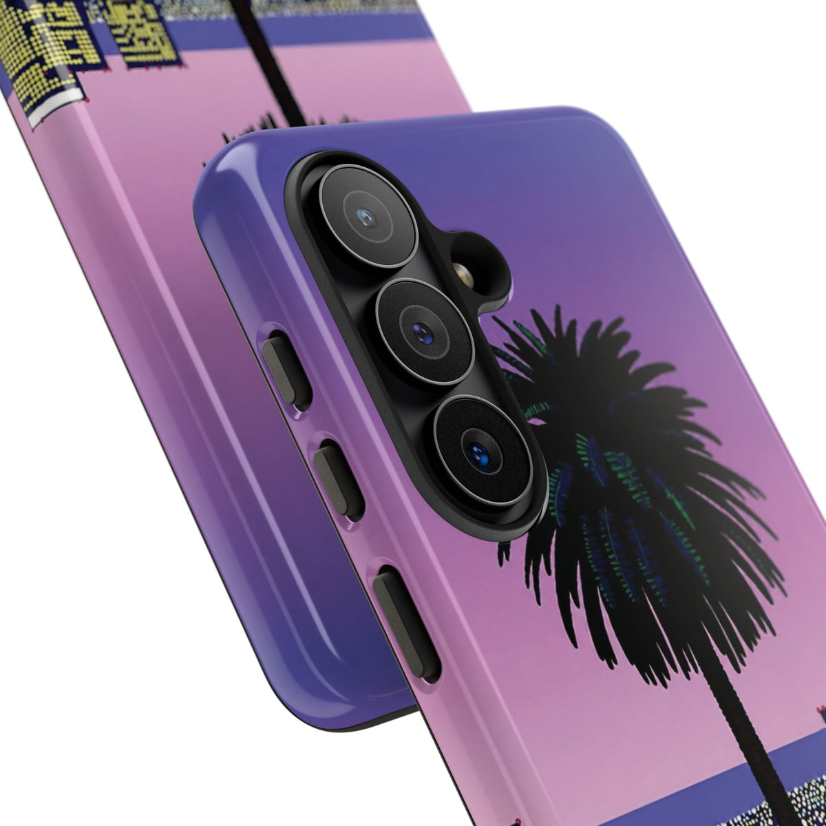 Retro City Night Phone Case — Palm Tree Purple Pixel Skyline